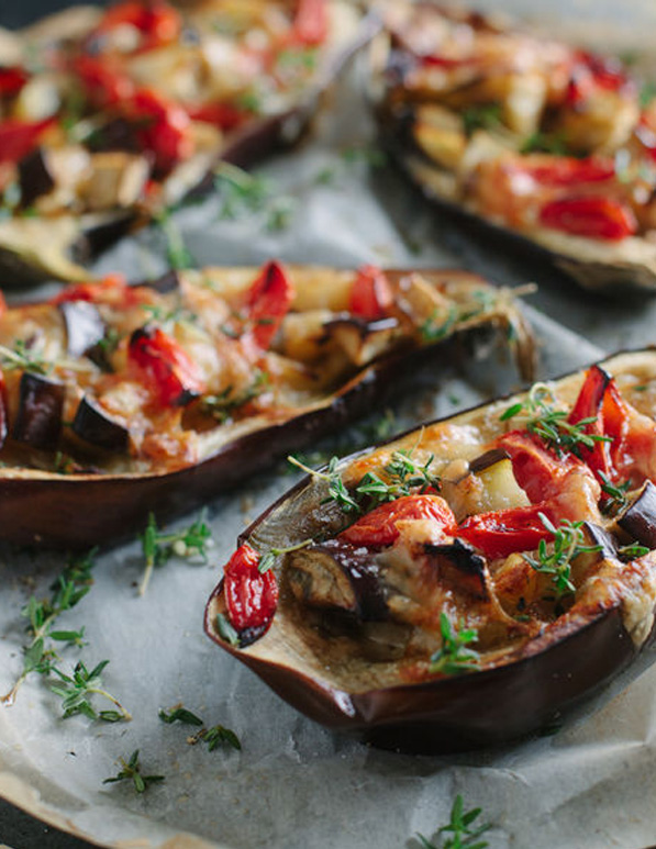 Aubergine stuffed with cheese and chorizo