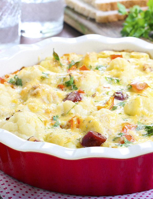 Cauliflower au gratin with chorizo