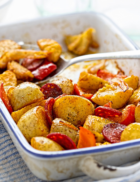 Roast potatoes, with chorizo and red peppers